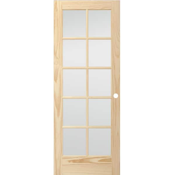 30 in. x 80 in. French Unfinished Pine Solid Core Wood 10-Lite Interior Door Slab with Bore