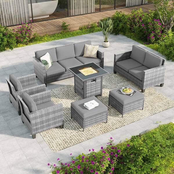 JOYESERY 7-Pieces Patio Conversation Set with Square Fire Pit Table and Loveseat, Gray Wicker with Gray Cushions