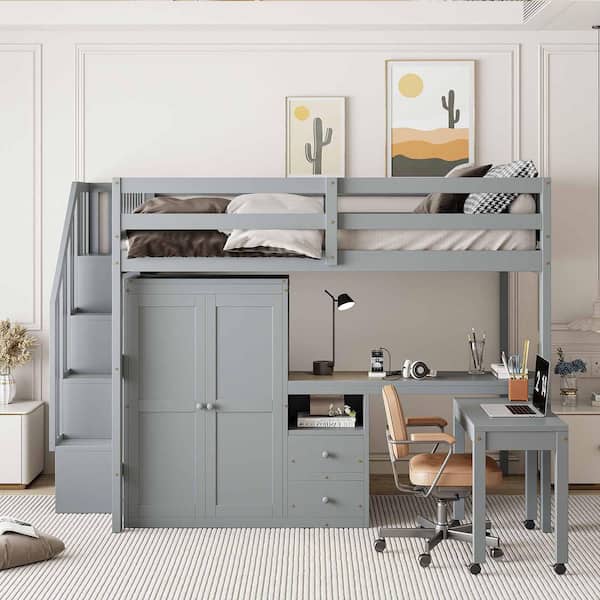 Gray Full Size Wood Loft Bed with Stairs, Bookshelf, Drawers, Desk and Wardrobe