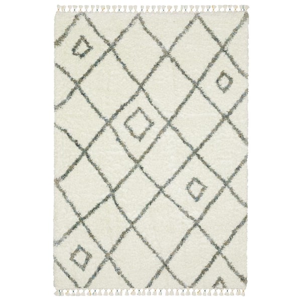 AVERLEY HOME Avalon Ivory/Multi-Colored 10 ft. x 13 ft. Geometric Diamond Lattice Polypropylene Shag Tassel Indoor Area Rug