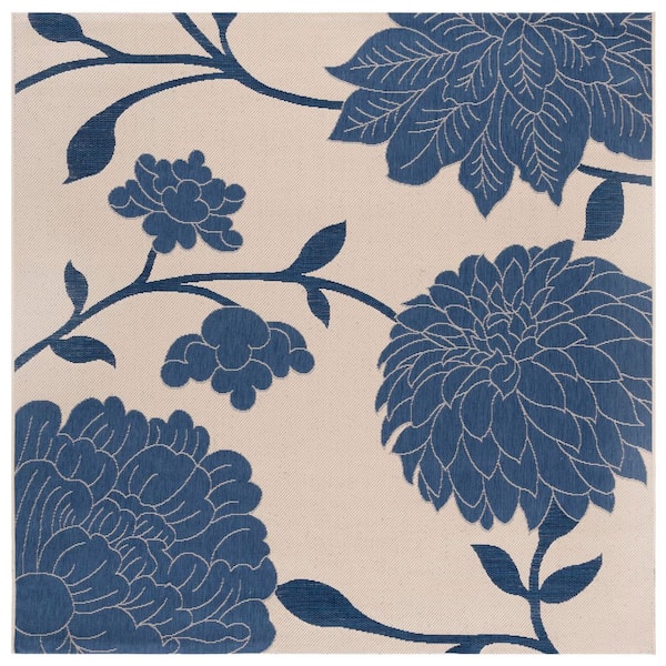 Courtyard Beige/Blue 7 ft. x 7 ft. Floral Scroll Indoor/Outdoor Square Area Rug