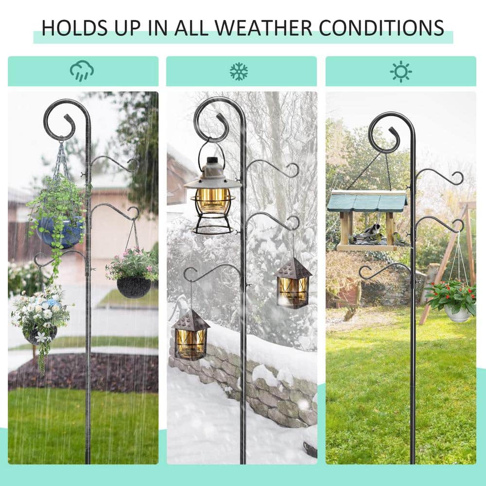 76-Inch Black Metal Outdoor Shepherd Hook with Adjustable Height