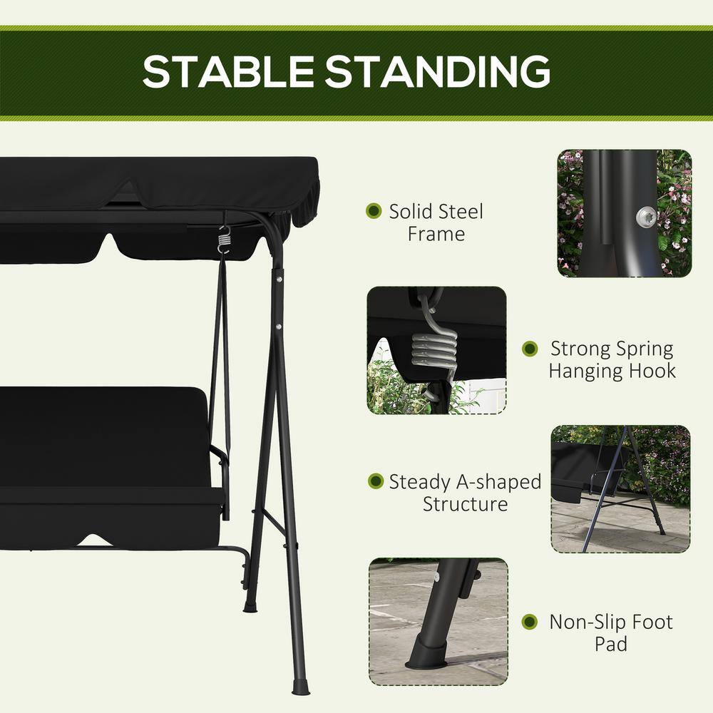 Black Steel Frame 3-Person Outdoor Patio Swing with Adjustable Canopy