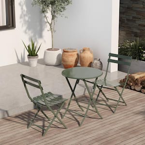 Dark Green 3 Piece Metal Patio Bistro Set of Foldable Round Table and Chairs