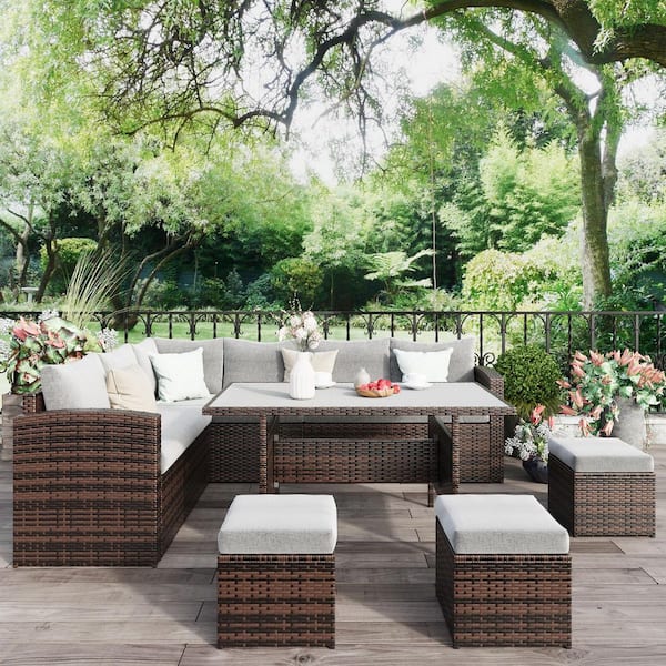 SUNVIVI 7-Piece PE Rattan Wicker Patio Dining Sectional Cushions