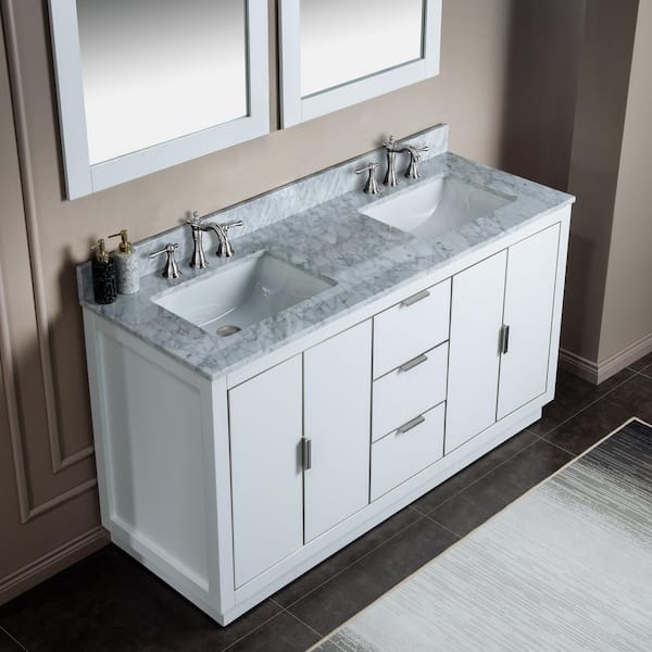 Venice 61 in. W x 22 in. D x 38 in. H Bath Vanity in White with Carrara White Marble Vanity Top with White Basin