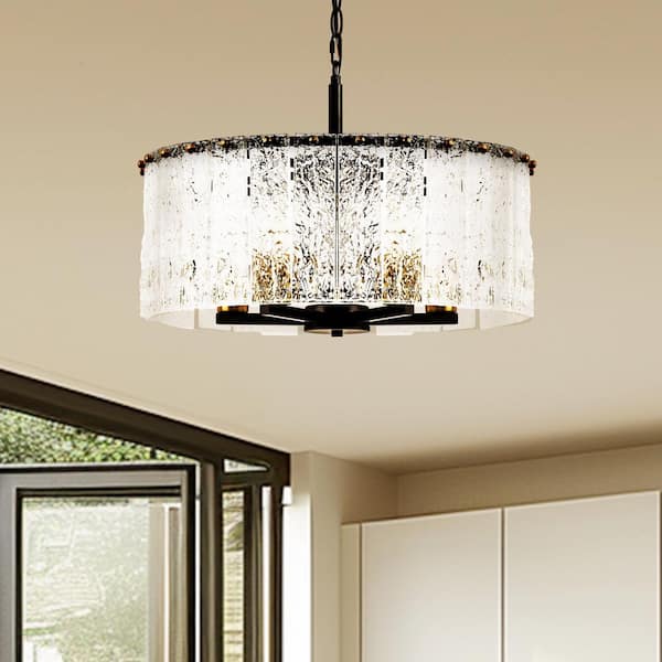 5-Light Black Gold Pendant Light with Cylindrical Seeded Glass Shade, E26 Base, Adjustable Hanging Light for Kitchen