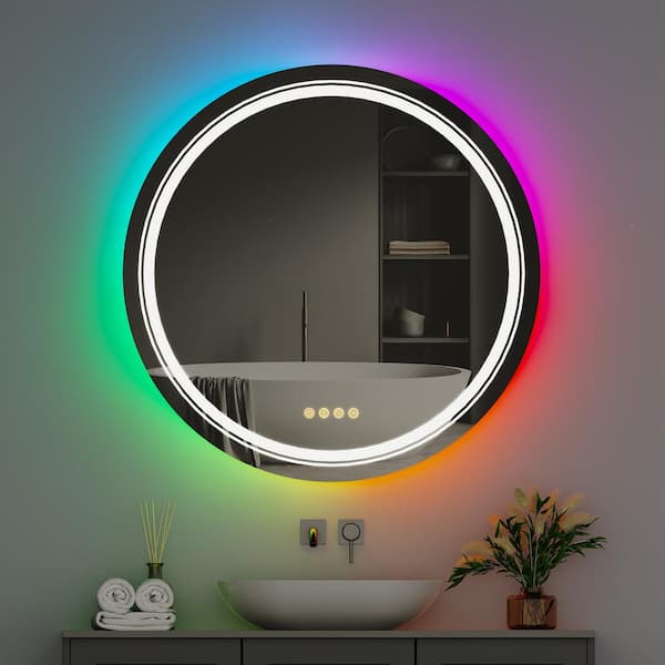 Wisfor 24 in. W x 24 in. H Large Round Frameless Dimmable 8 RGB Backlit 3Front Light Memory Antifog Wall Bathroom Vanity Mirror