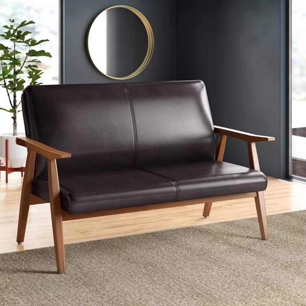 Black Faux Leather Mid-Century Modern Loveseat with Wood Frame