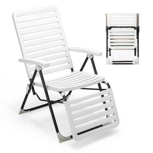 Costway Patio PP Chaise Lounge Folding Reclining Chair 7-Level Backrest Footrest White Outdoor Recliner