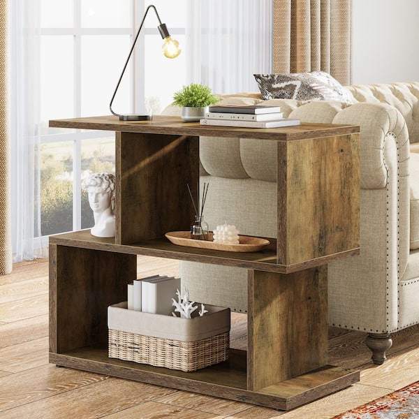 BYBLIGHT Kerlin 31.5 in. Brown Rectangle Wood End Table with 2-Tier Storage for Living Room