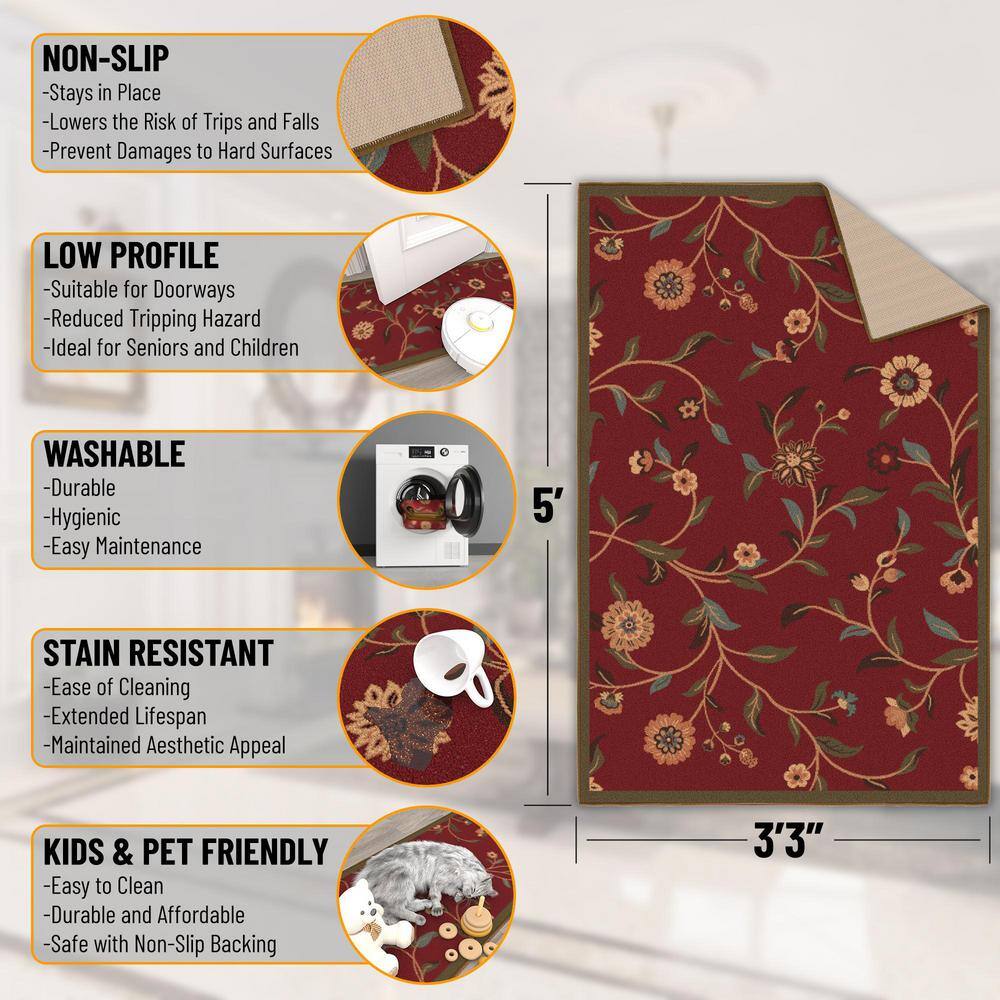 Red Floral Leaves Non-Slip Rubberback 3x5 Area Rug