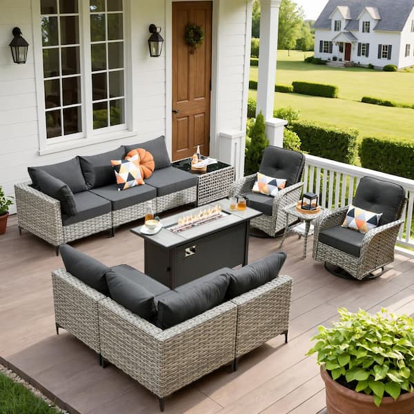 Holston 11-Piece Wicker Outdoor Patio Conversation Sofa Set with a Metal Fire Pit, Swivel Chairs and Black Cushions