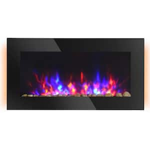 36 in. 1500-Watt Electric Wall-Mounted Fireplace with Flame Effect, 7 Color Background Light and Side Light in. Black