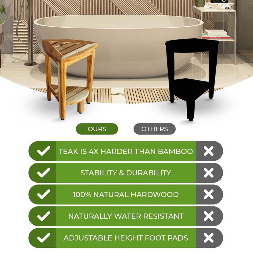 18" EarthyTeak Solid Teak Corner Shower Bench with Shelf