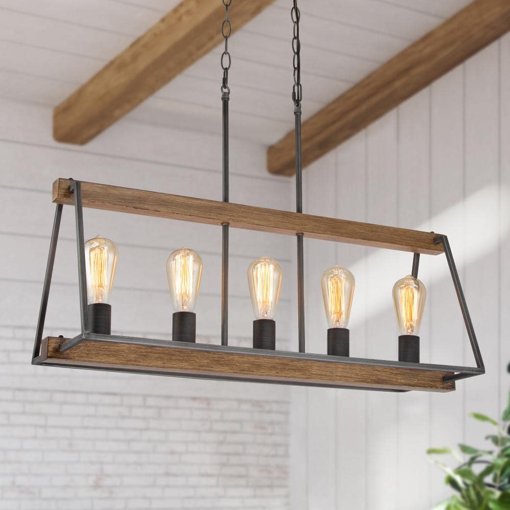 Farmhouse 5-Light Antique Brushed Silver Island Chandelier with Linear Cage and Wooden Textured price history on PriceWatchPro
