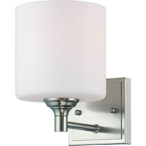 1-Light Indoor Brushed Nickel Wall Sconce with White Cylinder Glass