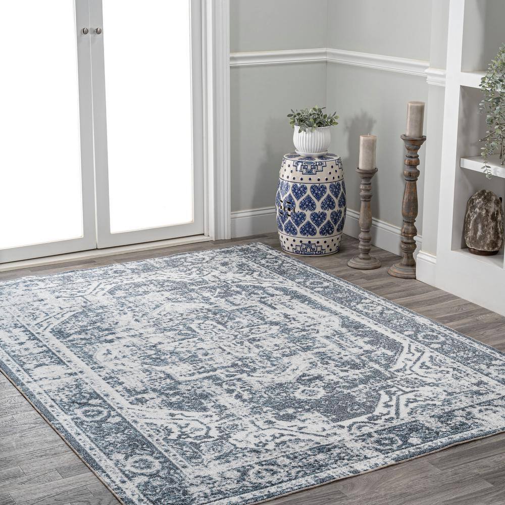 Keesha Blue and Cream Medallion Washable Area Rug 3' x 5'