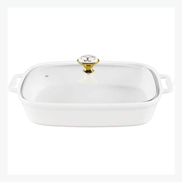 Ceramic 1.6 Quart Rectangular Casserole Dish with Glass Lid White Soup Tureen Chafing Dish for Buffet Party