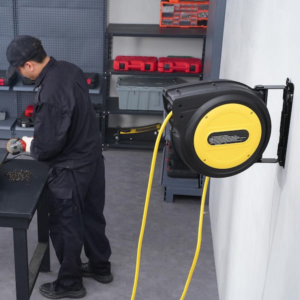 80 ft. 12 / 3 15 Amp Retractable Extension Cord Reel SJTOW Heavy Duty Power Cord with Lighted Triple Tap Outlet