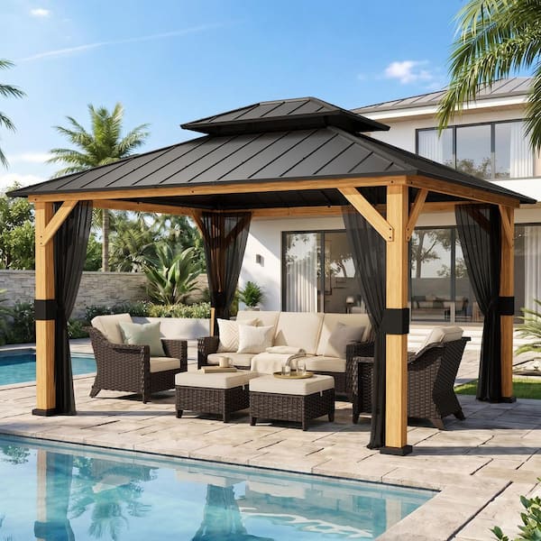 13 ft. x 11 ft. Wood Hardtop Patio Gazebo with Wood Frame, Double Galvanized Steel Roof and Netting