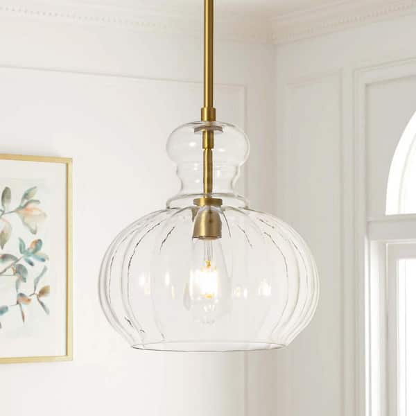 Sheree 1-Light Clear Gourd Glass Pendant Light with Brushed Gold Rod for Kitchen Island or Entryway