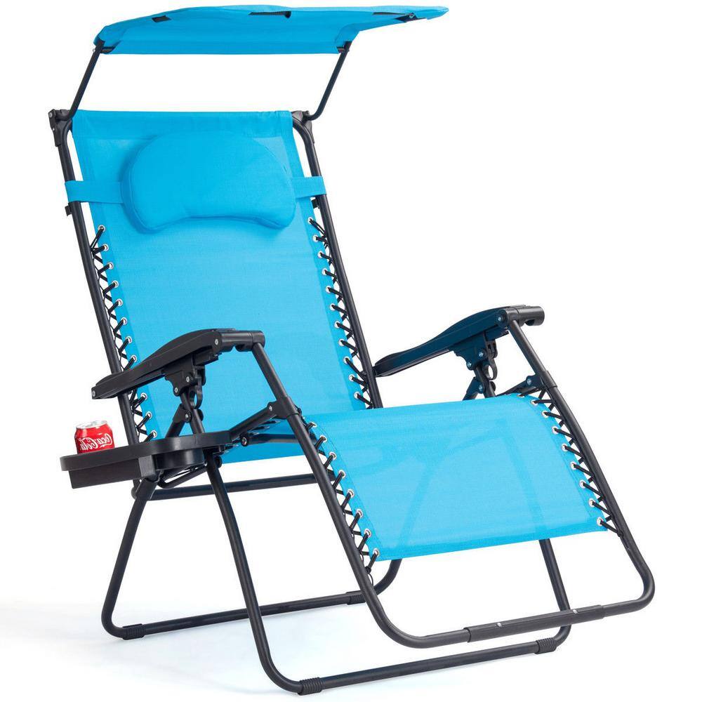 Folding Metal Outdoor Lounge Chair in Navy with Shade Canopy Cup Holder
