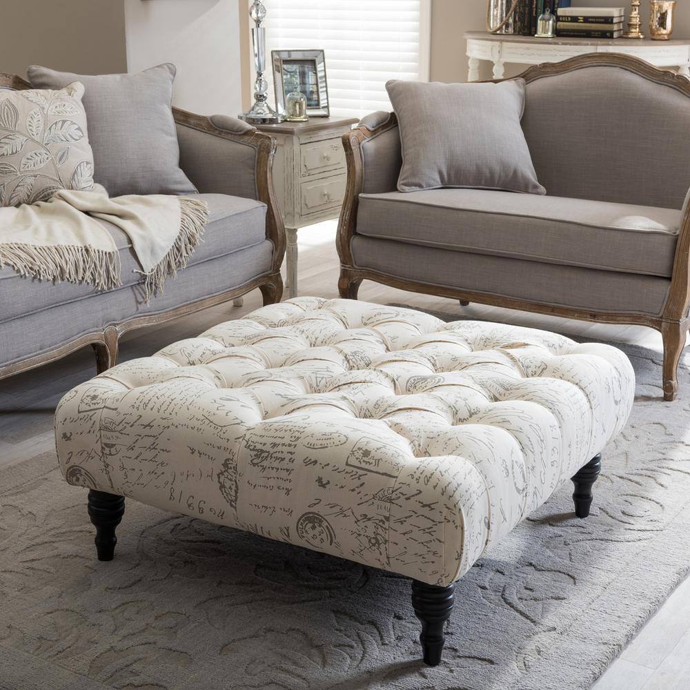 Keswick 35" Tufted Beige Script Print Ottoman with Wood Legs