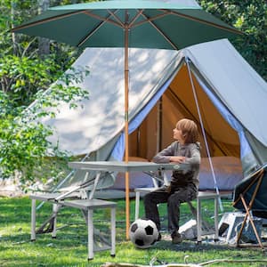 53.25 in. Gray Aluminum Folding Rectangular Picnic Table, Portable Camping Table Set Seats 4 with Umbrella Holes