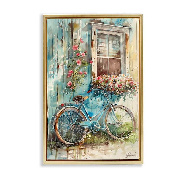 Stupell Industries Leaning Spring Bicycle by Franklyn Gregory Gold Floater Frame Typography Graphic Art Print 25 in. x 17 in.