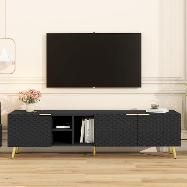 Polibi Modern Black/Gold TV Stand Fits TV's Up to 80 in. with Metal Handles and Gold Legs, Storage Cabinets