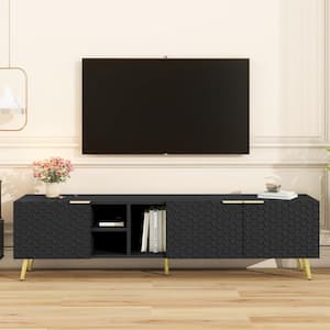 Modern Black/Gold TV Stand Fits TV's Up to 80 in. with Metal Handles and Gold Legs, Storage Cabinets