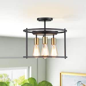 14 in. 3-Light Black and Gold Drum Cage Semi Flush Mount Light