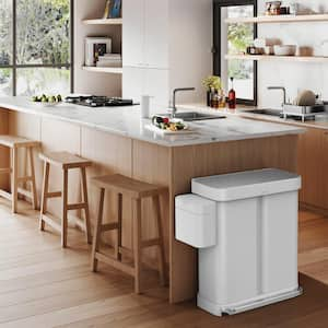 58-Liter White Steel Dual Compartment Rectangular Recycling Kitchen Step-On Trash Can with Soft Close Lid