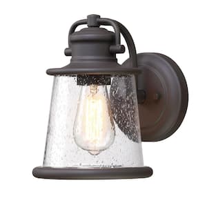 1-Light Dark Bronze Hardwired Outdoor Wall Lantern Sconce with Seeded Glass