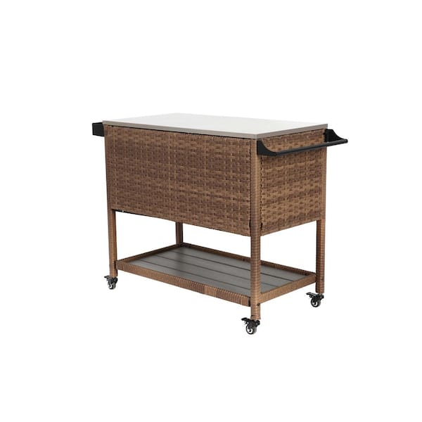 Phewnyzo Outdoor Wicker Bar Cart, Patio Wine Serving Cart with Wheels, Rolling Rattan Beverage Bar Counter Table with Glass Top