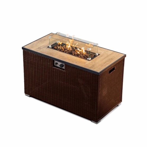 HEARTH & HARBOR Brown 43 in. 50000 BTU Rectangular Propane Outdoor Fire Pit Table with Glass Wind Guard Lid, Lava Rocks and Cover