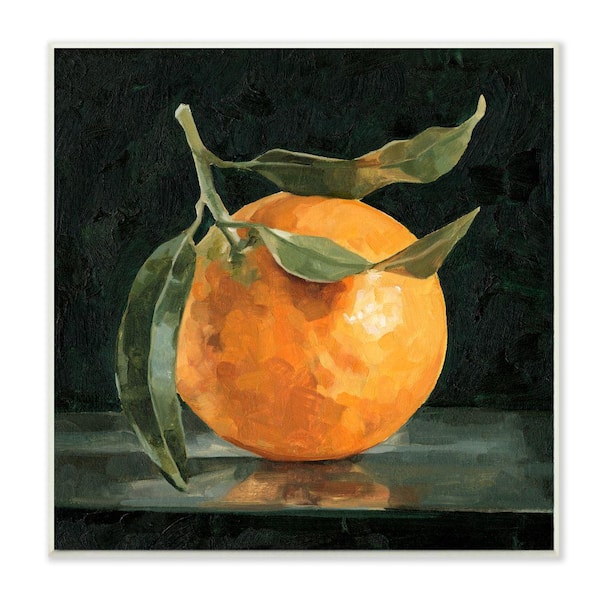 Stupell Industries "Orange Fruit with Stem Still-Life Pop on Black" by Emma Caroline Unframed Drink Wood Wall Art Print 12 in. x 12 in.