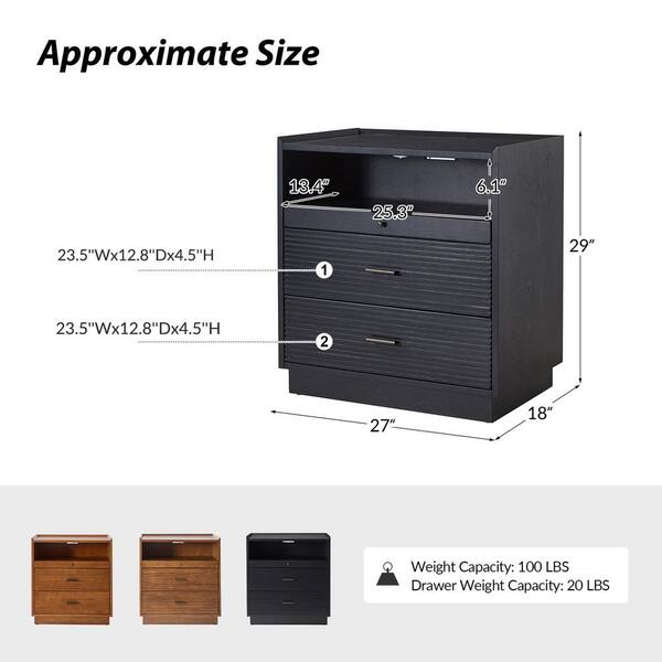 JAYDEN CREATION Enzo Black 2 Drawer Nightstand with USB and LED