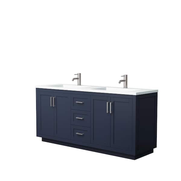 Wyndham Collection Miranda 72 in. W Double Bath Vanity in Dark Blue with Solid Surface Vanity Top in White with White Basins