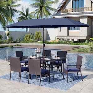 Black 8-Piece Metal Patio Outdoor Dining Set with Umbrella and Rattan Chair with Blue Cushion