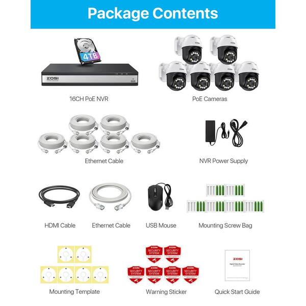 ZOSI 4K 16-Channel POE 4TB NVR Security Camera System with 6-Wired