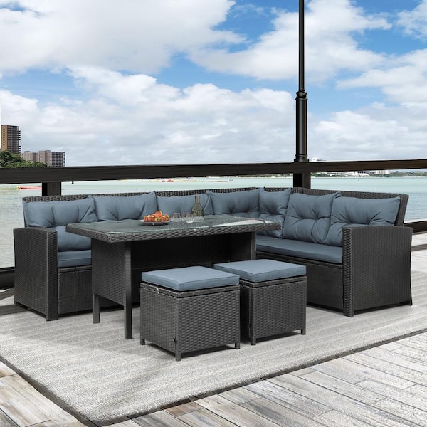 Sudzendf 6-Piece Patio Furniture Set Outdoor Sectional Sofa with Blue Cushions