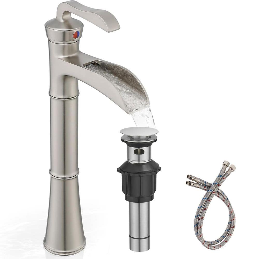 Single Handle Waterfall Bathroom Vessel Sink Faucet in Brushed Nickel with Pop-Up Drain and Pre-Installed Hoses price history on PriceWatchPro