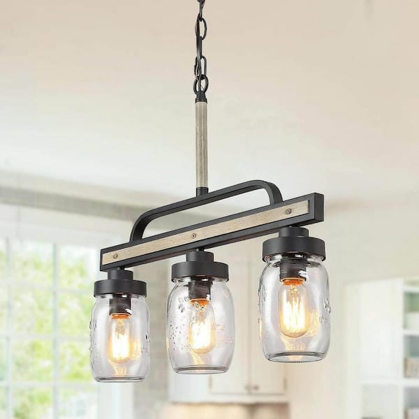 LNC Modern Farmhouse Dark Grey Linear Chandelier 3-Light Rustic Mason Jar Island Chandelier Pendant with Faux Wood Accent