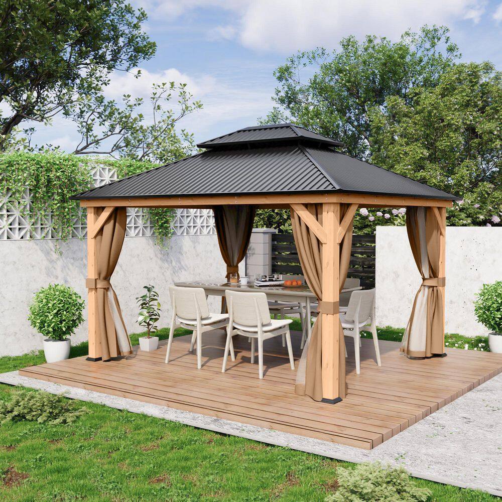 11' x 13' Black Metal Roof Wood Patio Gazebo