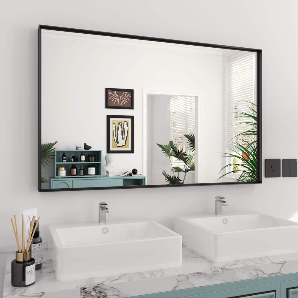 Trea 48 in. W x 30 in. H Large Rectangular Aluminium Beveled Square Angle Framed Wall Bathroom Vanity Mirror in Black price history on PriceWatchPro