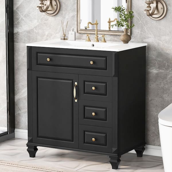 30 in. Single Sink Freestanding Black Bath Vanity with White Ceramic Top - Flip-Out Drawer, Soft-Close