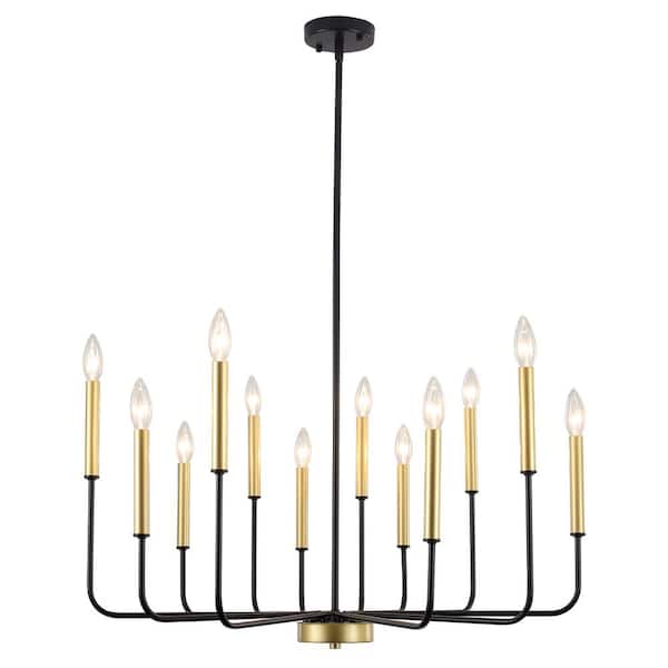12-Light Black and Gold Modern Candle Chandelier, Adjustable Hanging Light Fixture