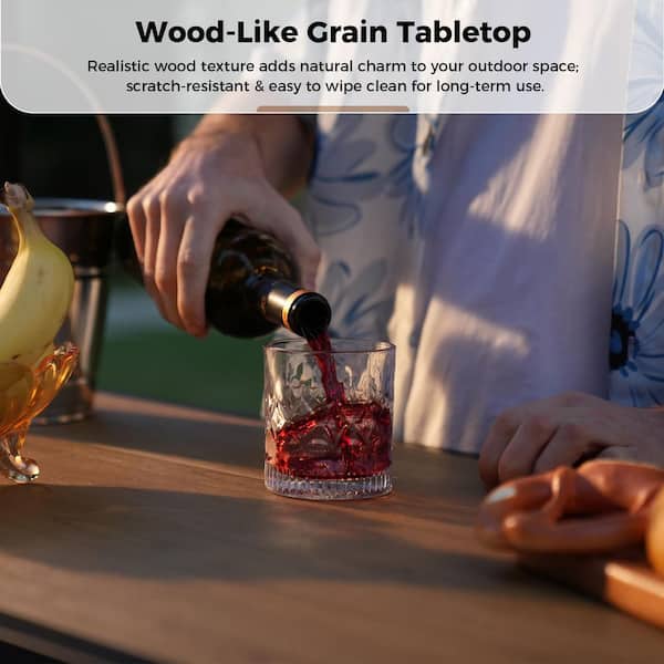 Bali Spin Wicker Outdoor Bar Set, Frame Bar Height Table with Wood-Like Crain Tabletop Storage Shelves 2-Bar Stools